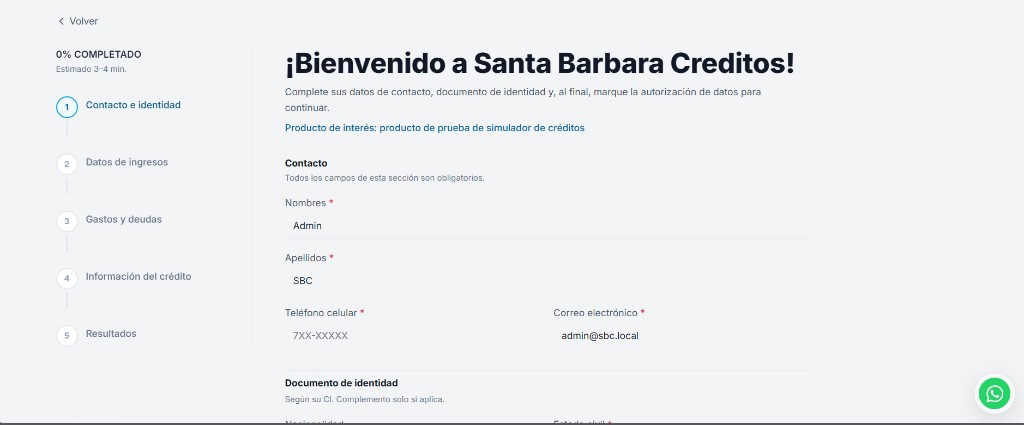Simulador de crédito: pasos, progreso, formulario de contacto y producto vinculado